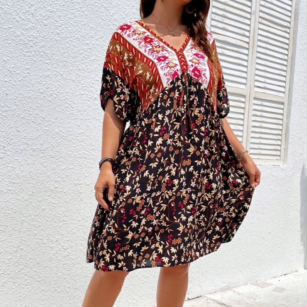 Boho Women's PLUS Size Boho Black Floral Print V Neck and Back Spring Summer